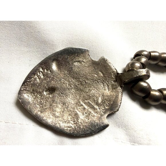 VTG Tribal Mask Pendant Necklace African Modernist Brutalist Silver Tone Beaded - Picture 7 of 7